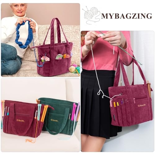 Image of MYBAGZING Crochet Bag and Tote - Corduroy Yarn Bag - Yarn Holder for Crocheting - Crochet Storage Bag for Crochet Hooks, Crochet Accessories, Knitting Bag for Crochet Lovers, Mother's Day Gift