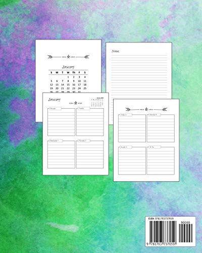 2020 Monthly Calendar & Weekly Planner: Agenda Book - Blue Green Watercolor Design image 4
