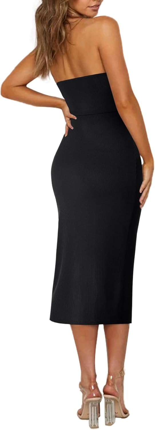 LYANER Women's Sleeveless Strapless Ribbed Tube Side Slit Bodycon Party Midi Dress - Image 2