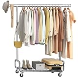SONGMICS Portant à Vêtements, Portemanteau, sur Roulettes, Tringle Extensible, Hauteur Réglable, avec Étagère de Rangement, Crochets, Argent HSR014E01