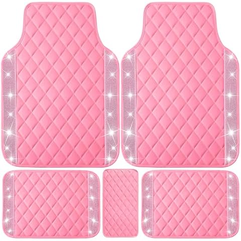 NBTEPEM Pink Bling Leather Car Mats Set Cover