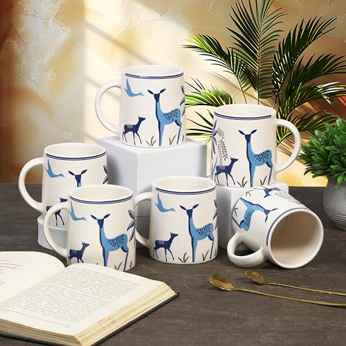 Image of CRAF10 Blue Stag Ceramic Coffee /Tea Mugs - Set of 6, 330 ML Each, Elegant & Durable, Microwave & Dishwasher Safe