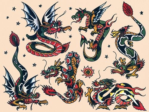 ART.COM Wall Art Print Asian Dragons, Authentic Vintage Tatooo Flash by Norman Collins, aka, Sailor Jerry by Piddix, 16" x 12"