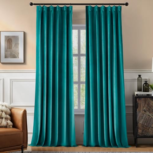 Swandream Pinch Pleated 100% Blackout Curtains for Bedroom, Teal Velvet Curtains for Living Room, Black Out Curtain 84 inch Long Room Darkening, Blackout Pinch Pleat Drapes with Hooks 2 Panels
