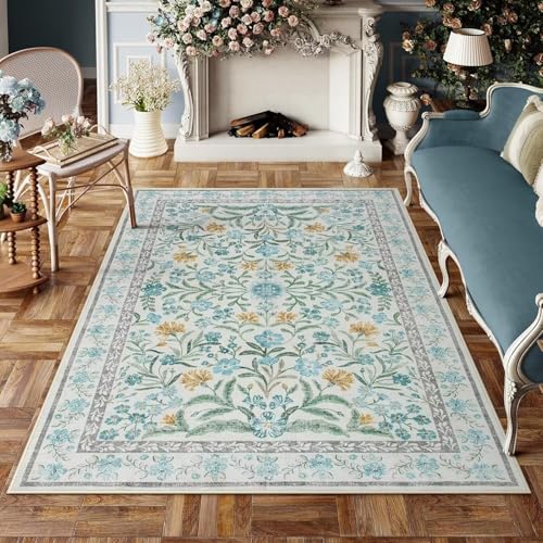 SUNYRDSM Alfombras Dormitorio Alfombra Pelo Corto Alfombra Tradicional con diseño Floral Azul, Suave, cómoda y Duradera. 130x190cm