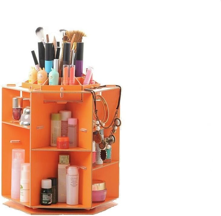 New Design Large Capacity 360 Degrees Rotate Cosmetics Storage Box Beauty Storage Box Case Desktop Wooden Revolving Storage Box DIY Makeup Storage Box Rotating Cosmetic Storage Case Woonden Cosmetic Organiser Creative Ring Earrings Jewelry Storage Box Jewellery Box Case Fashion Little Castle (Orange)