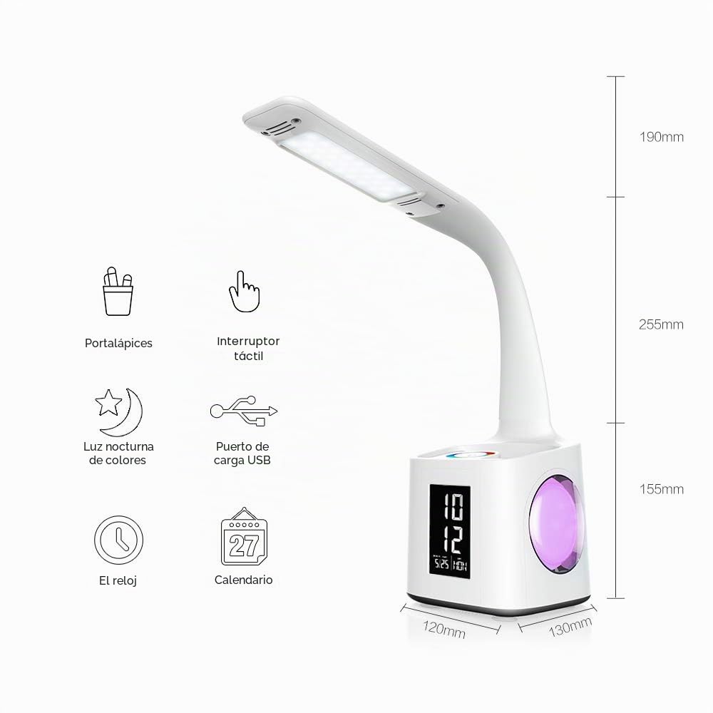 Lámpara de escritorio LED Eye-Caring, lámpara de mesa de estudio, puerto de carga USB, luz del ambiente nocturno, con portabolígrafos, 3 niveles regulables, lámpara de lectura para niños 10 W