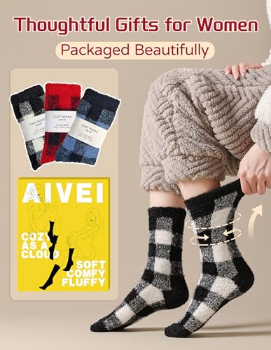 Super Soft Buffalo Plaid Fuzzy Socks Gifts for Women Girls 3 Pairs Cozy Warm Thick Fluffy Cute Plush Socks4