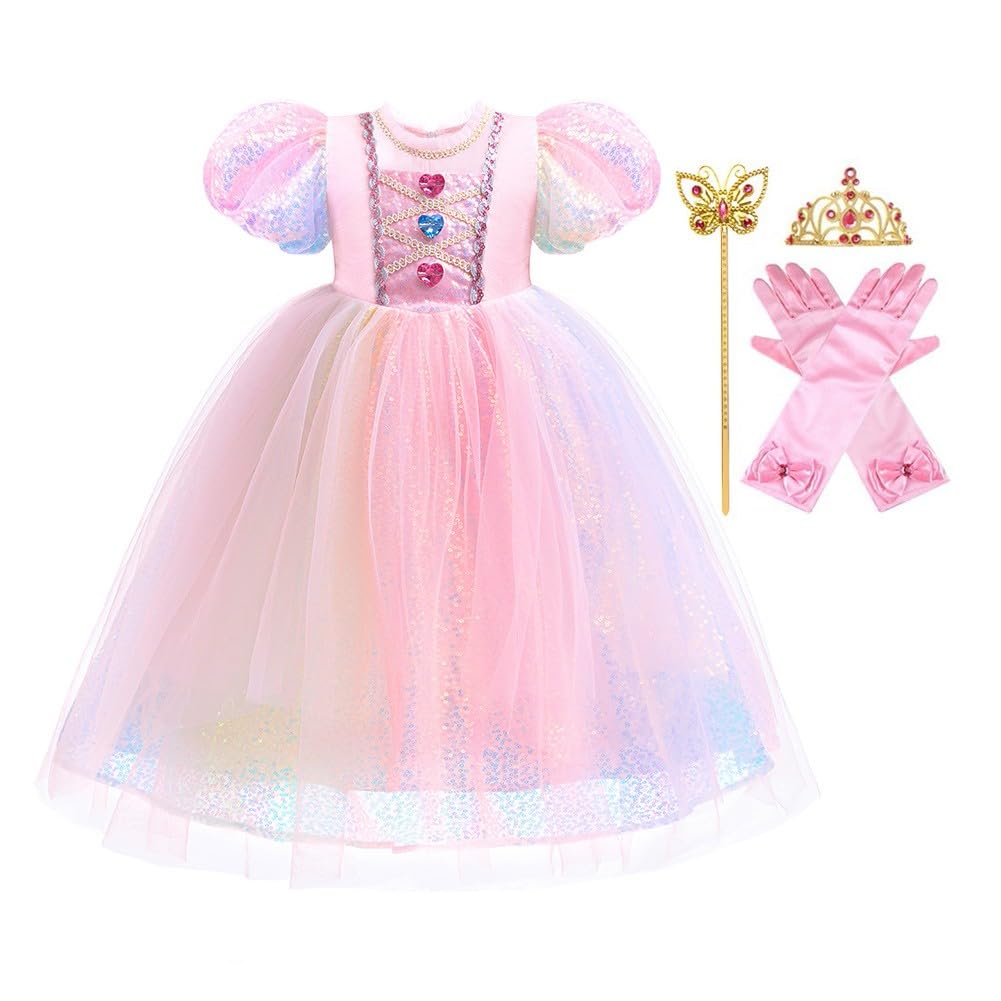 FMYFWY Girls Aurora Princess Rainbow Dress Sleeping the Beauty Halloween Costume Christmas Birthday Party Gown w/Accessories Pink 4-5T