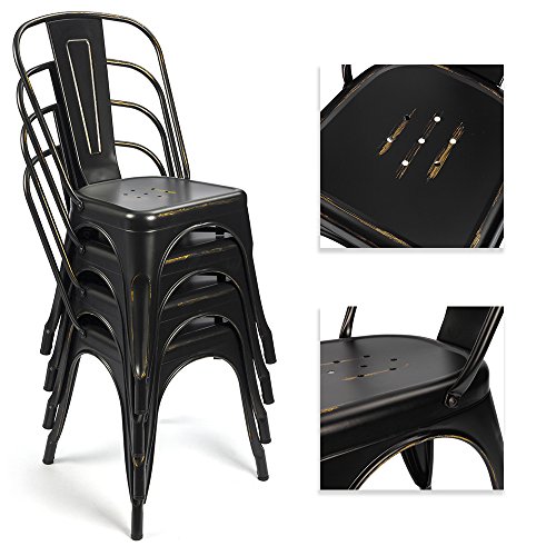 Image of Devoko Metal Indoor-Outdoor Chairs Distressed Style Kitchen Dining Chairs Stackable Side Chairs with Back Set of 4 (Black Gold)