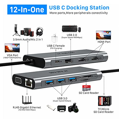 Image of Displaylink Usb C Docking Station Dual Monitor,12 In 1 Usb 3.0 To Usb C Dock With Hdmi,Vga,Usb 3.0,Pd3.0,Laptop Docking Station For Macbook Pro&Air /M1 /M2 /Dell /Hp And More Usb-C& A Ports Laptops