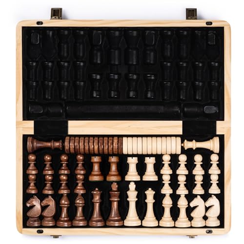 15" non-Magnetic Wooden Chess & Checkers Set/Folding Board / 3" King Height German Knight Staunton Chess Pieces/Walnut & Maple I