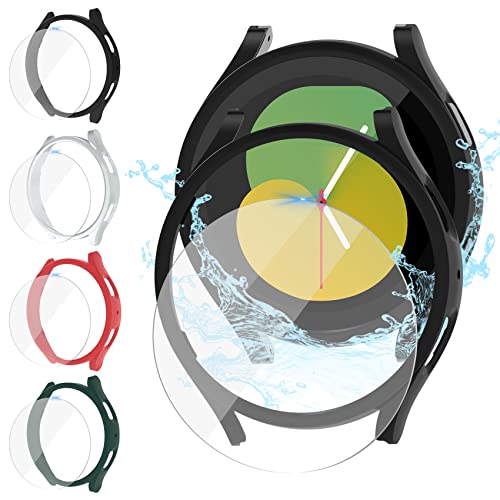 Jvchengxi [4+4Piezas] Funda Protectora Mate 44mm para Samsung Galaxy Watch 5 & 4, PC Funda Protector + Dureza 9H Antiarañazos Protector de Pantalla de Cristal Templado (Negro+Plata+VerdeOficial+Rojo)
