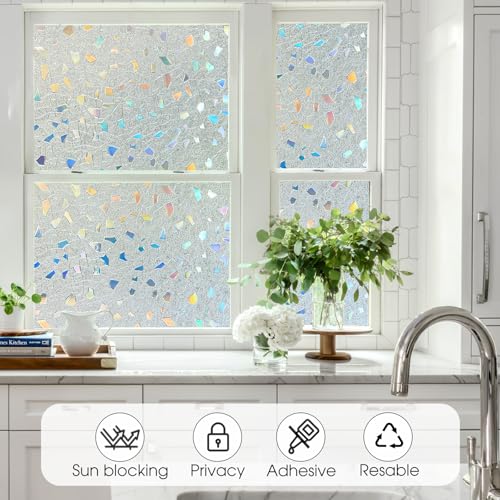 Coavas Stained Glass Window Privacy Film 3D Rainbow Decorative Heat Control UV Blocking Window Cling Non-Adhesive Removable Vinyl Film Windows Tint for Bathroom Door Covering, Pure, 35.4 x 78.7 inch