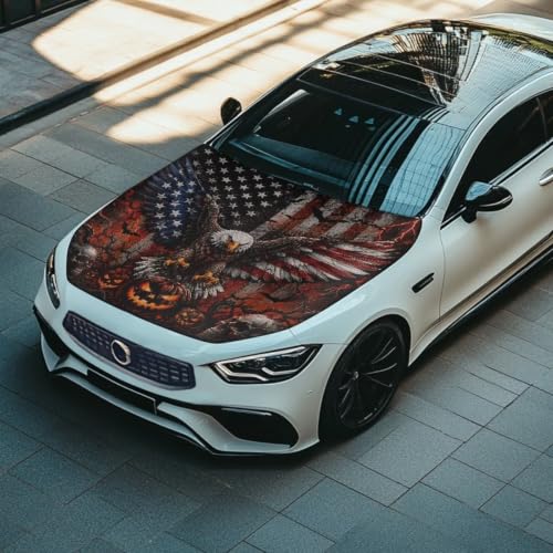 Image of Halloween American Flag and Eagle Design Car Hood Cover Elastic Polyester Car Hood Protector Auto Patriotic Decorations Waterproof Sunproof Automotive Exterior Accessories
