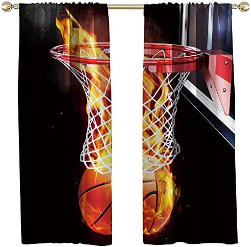 AAtter Basketball Window Curtains Panels Boys Sports Men,Rod Pocket Ball Flame Splashing Thunder Lightning Black Living Room Bedroom Window Drapes Treatment Fabric 1 Pair, 52" W x 84" L, Cool Art