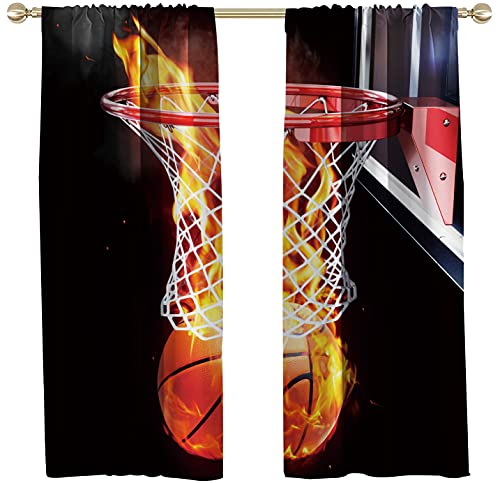 Aatter Basketball Window Curtains Panels Boys Sports Men,Rod Pocket Ball Flame Splashing Thunder Lightning Black Living Room Bedroom Window Drapes Treatment Fabric 1 Pair, 52" W X 84" L, Cool Art #TOP3