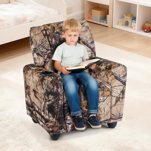 Image of Kids Recliner, Toddler Lounge Chair w /Cup Holder, Wide Armrest, Kids Sofa w /Adjustable Footrest, Comfy Toddler Recliner Chair for for Boys & Girls 3 + (Fabric, Leaf Color)