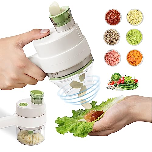 4 in1 Handheld Electric Vegetable Cutter Slicer Garlic Mud Masher USB Wireless Chopper Cutting Pressing Mixer Food Slice for  Garlic Pepper Chili Onion Celery Ginger Meat (White)