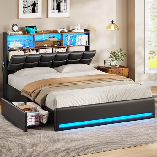 VIAGDO Queen Bed Frame with Bookcase Headboard and Storage, Upholstered Platform Bed Frame Queen Size with Charging Station, 4 Drawers and LED Lights, Heavy Duty, No Box Spring Needed, Black