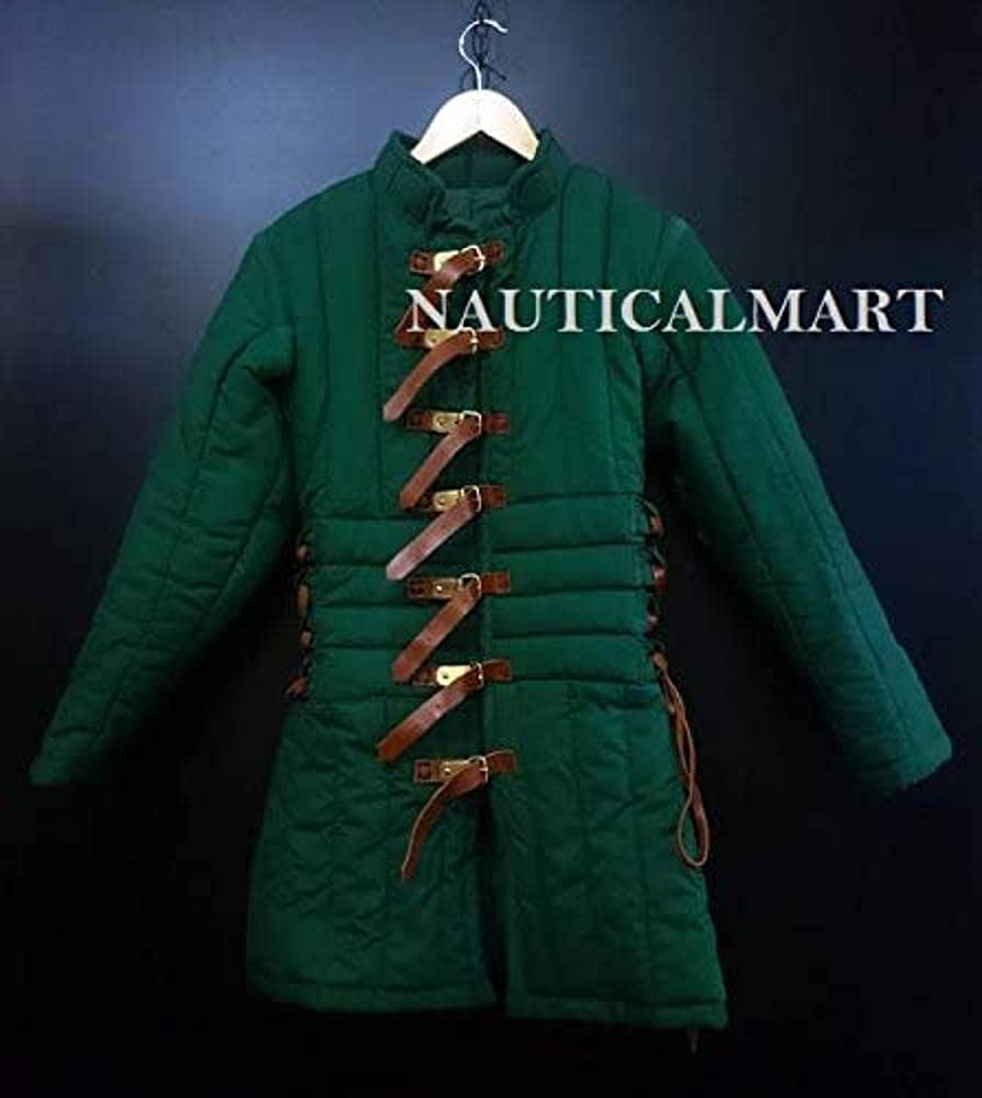 NauticalMart Medieval Gambeson Thick Padded Long Coat Aketon Jacket Armor Costume Off-Green Cotton Fabrics