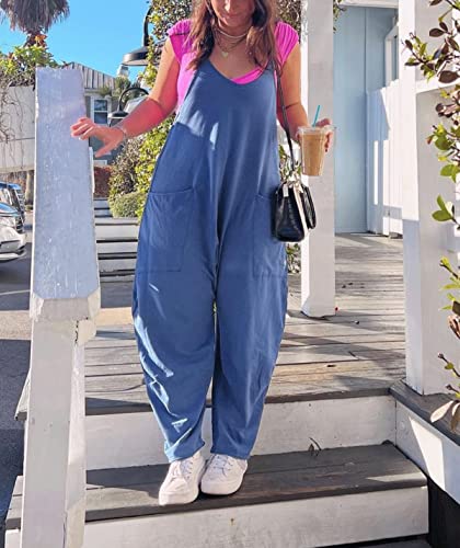 Gnveub Womens Casual V Neck Sleeveless Jumpsuits Adjustable Spaghetti Straps Harem Long Pants Romper Overalls With Pockets(Dark Cyan,M) #TOP2