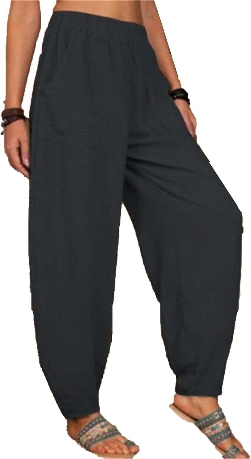 DGHM-JLMY Women's Solid Cotton Fashion Loose Casual Pants Pockets Linen Trousers Elastic Waist Lightweight Joggers Long Pants