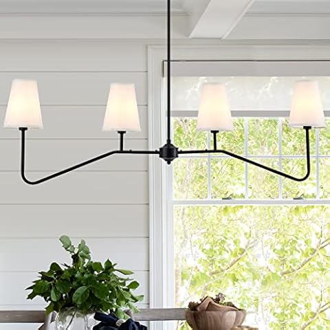 VILUXY Classic Linear Chandelier Off-White Fabric Modern Kitchen Island Pendant Lighting for Indoor, Dining Room, Living Room, Restaurant 4-Light Cover