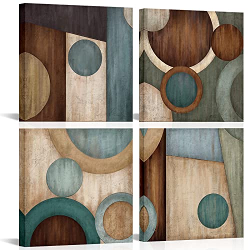 LoveHouse Teal And Brown Abstract Wall Art Blue and Brown Geometric Circle Painting Pictures