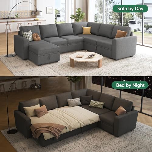 Image of HONBAY Sectional Sleeper Sofa with Pull Out Bed, U Shaped Couch with Storage, Modular Sectional Couches for Living Room, Dark Grey