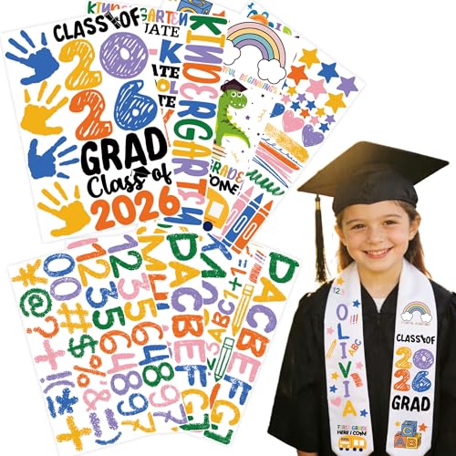 Preschool Prek Kindergarten Kids Graduation Stole Sash Class of 2026 Decorations DIY Customize Graduation Stole Graduation Sash Personalized Iron-On Decals Heat Transfer Vinyl HTV Numbers Letters Set