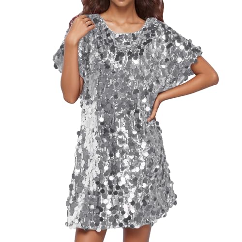 Générique Robe à Paillettes Femme Manches Courtes Oversize Robe T-Shirt à Sequins pour Disco Soirée Fête Clubwear