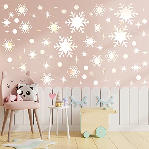 193 Pieces Snowflake Wall Decal Removable Dots Star Wall Decals Christmas Frozen Room Decor 3D Mirror Silver Mirror Acrylic Wall Stickers Peel and Stick Winter Wall Decor for Bedroom Living Room Party