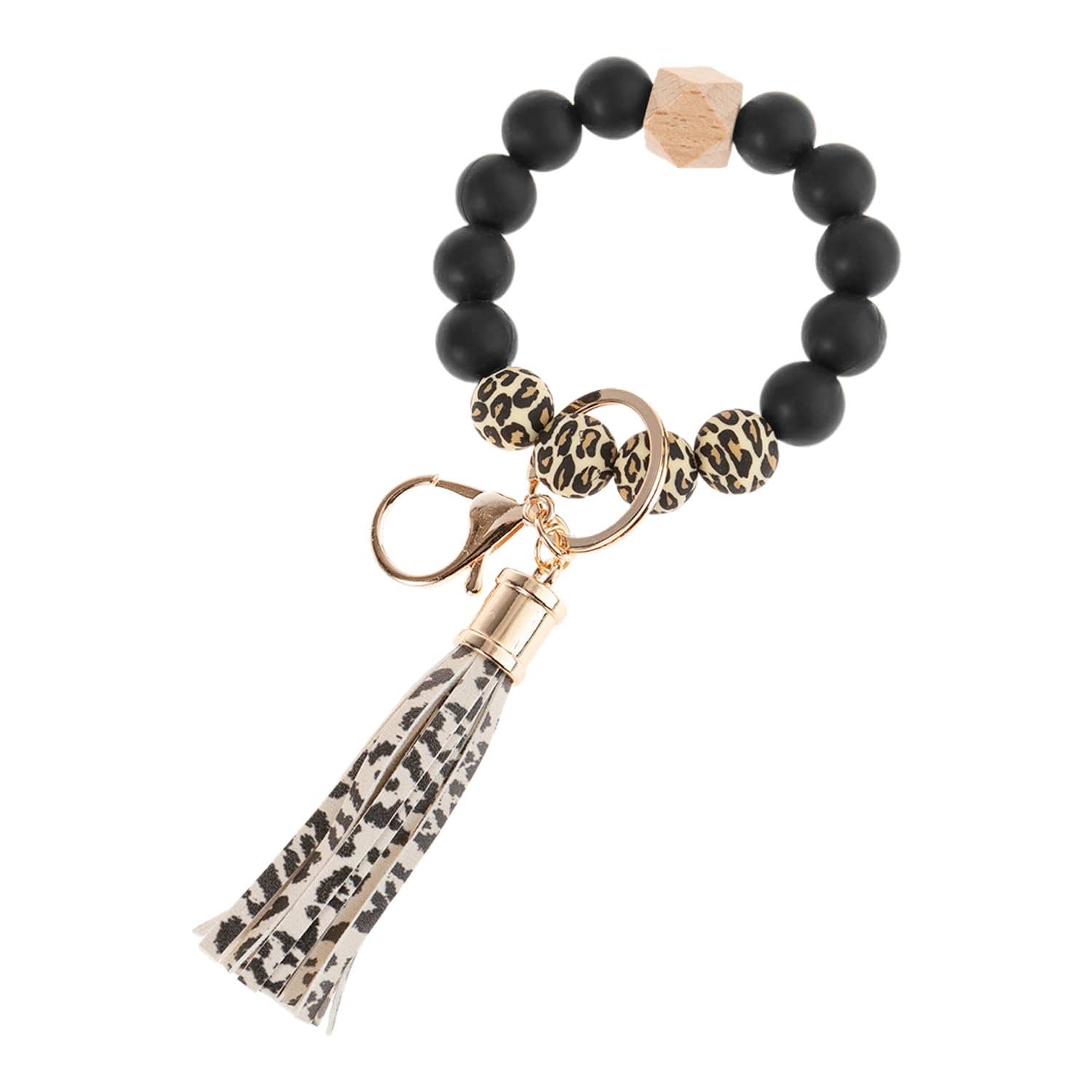 USHXVG Wristlet Keychain With Silicone Beads, Leopard Print Tassel, Fashion Women's Boho Style