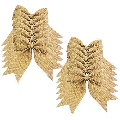 Aokbean 12pcs Toile De Jute Rustique Bowknot avec Chapeau De Flocon De Neige Chapeau De Mariage/Décoration De Fête Bouchons De Sapin De Noël/Hangs DIY Artisanat(Nature) Cover
