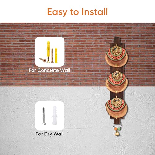Image of AAKRITI ART CREATIONS Key Holder Handcrafted Madhubani Keys | Rustic Brass & Wood Wall Organizer with 4 Hooks | New Home Gifts | Multifunctional Entryway Decor Item