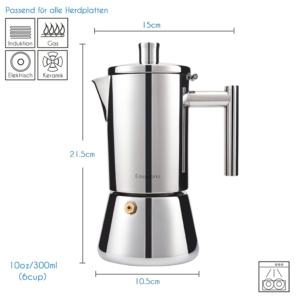 Easyworkz Diego Espressokocher für Herd, Edelstahl, italienische Kaffeemaschine, Mokkakanne für 6Tassen, 300 ml Espressokanne für Induktion