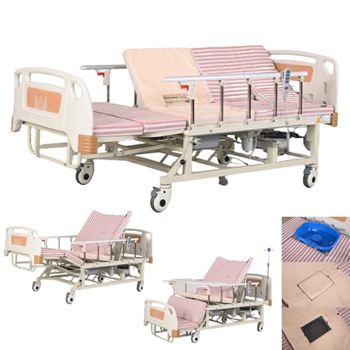 Cama de hospital eléctrica completa de 7 funciones para uso doméstico con inclinación lateral automática antiúlceras, cama médica UCI incluye colchón, bandeja, poste intravenoso, rieles, ruedas de