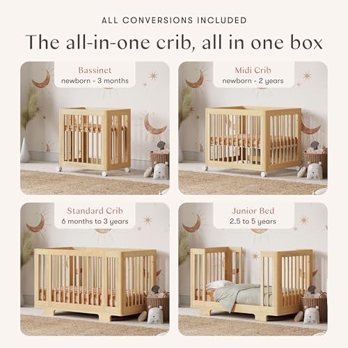 Image of Babyletto Yuzu Convertible All-Stages Bassinet, Midi, Full-Size Crib in Natural, Greenguard Gold Certified, Portable & Adjustable with Conversion Kits and Pads Included