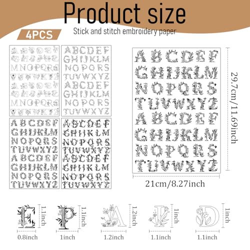 Image of Water Soluble Hand Sewing Stabilizers - 4 Sheets 200+ A-Z Letter Stick and Stitch Embroidery Paper Designs Wash Away with Pre-Printed Flower and Alphabet Patterns for Hand Sewing Lover Beginners