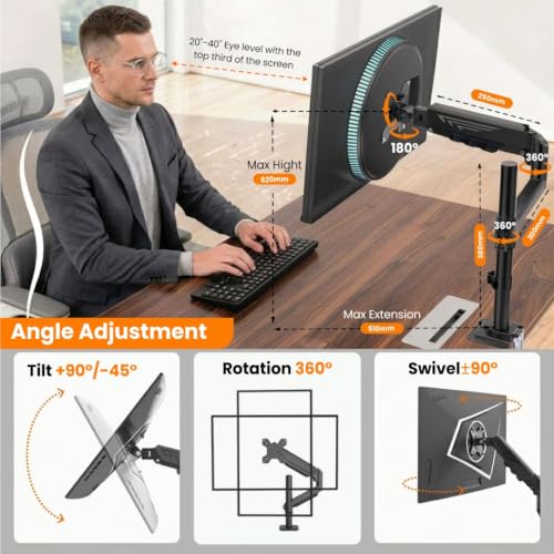 Image of Dyazo Monitor Arm for 13-32 Inch Screens | Gas Spring Height Adjustment with Extended Reach | VESA 75x75 & 100x100mm Compatible | Tilt, Swivel & 360 Rotation with Cable Management | Support Upto 10kg