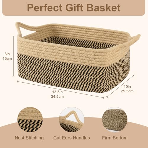 Image of OIAHOMY Woven Basket, Gift Basket Empty with Gift Bags and Ribbons, Rope Baskets for Baby Showers, Storage Baskets with Handles for Nursery, Pet Toy Organizer -Black & Yellow