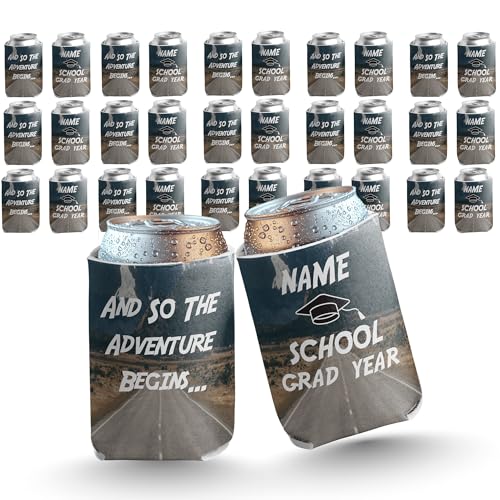 VictoryStore Custom Graduation Can Coolers – “And So The Adventure Begins” – Personalized Drink Sleeves for Class of [Year] – 16oz Foam Beverage Holder – Add Name, School, and Year, Set of 250
