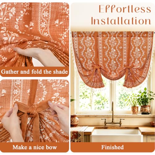 Image of Yinhua Boho Tie Up Curtains for Windows Vintage Linen Valance Light Filtering Floral Valance Rod Pocket Rustic Adjustable Tassel Window Valances for Bathroom, 42 inch W X 45 inch L, Orange