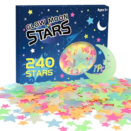 241PCS Glow in The Dark Stars Stickers, 3D Glow in The Dark Stars for Ceiling Wall Room Decor for Teen Girls Boys Kids Luminous Wall Stickers for...