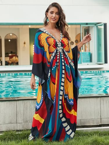 Image of sunforyou Kaftan Dresses for Women Plus Size Lightweight Swimsuit Cover up Batwing Sleeve Print Loungewear Beach Robe