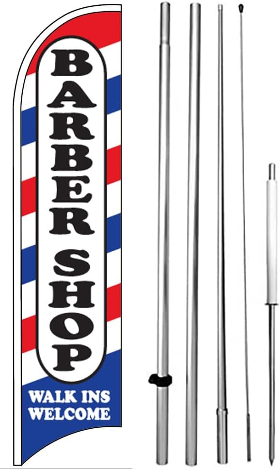 4 Less Co BARBER SHOP WALK INS WELCOME Windless Feather Swooper Flag Banner Sign 15 Feet Tall Pole Spike Kit wb-h