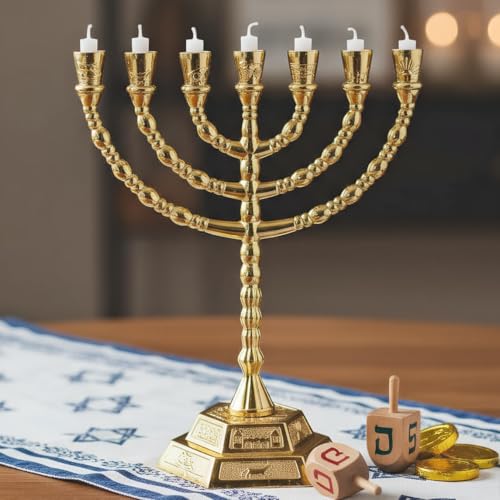 Large Menorah 7 Branch Hanukkah Gold Plated Jewish Menorahs Candle Holder