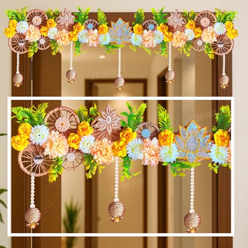 Image of Divyakosh Handmade Flower Toran for Door 40 Inch | Lotus Floral Bandhanwar with Hanging Beads | Door Hanging for Home Entrance | Diwali, Wedding, Festive Decoration | Traditional Indian Wall Decor