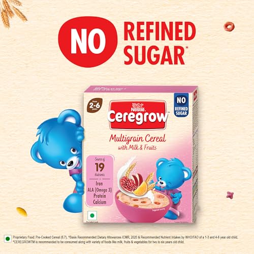 Image of CEREGROW with NO Refined Sugar, Multigrain Cereal with Milk & Fruits, Source of 19 Nutrients (Iron, Omega 3, Protein, Calcium), Free Steel Bowl, 300g, Bag-in-Box Pack (Pack of 2)